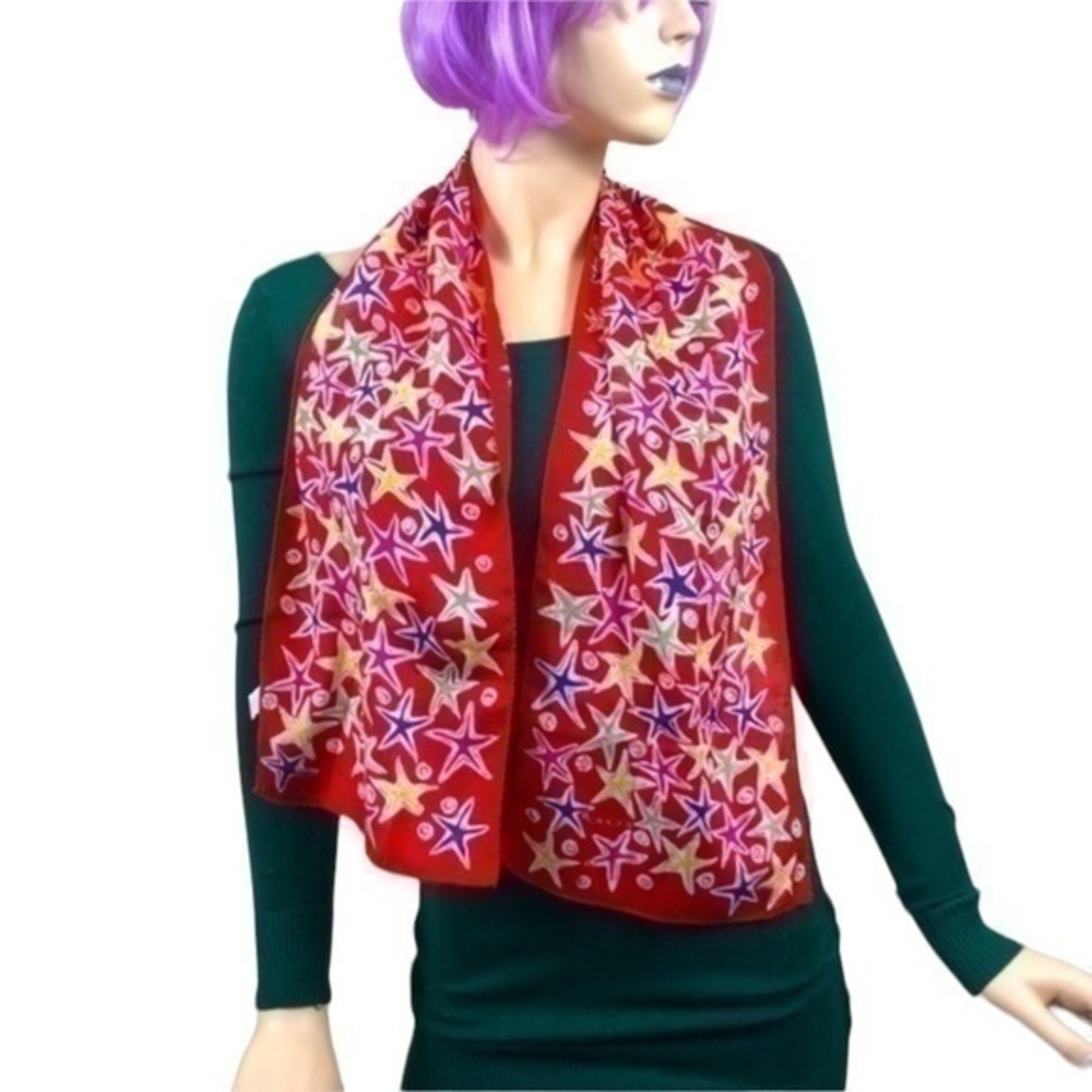 Echo red starfish scarf. 100% silk. 10x52